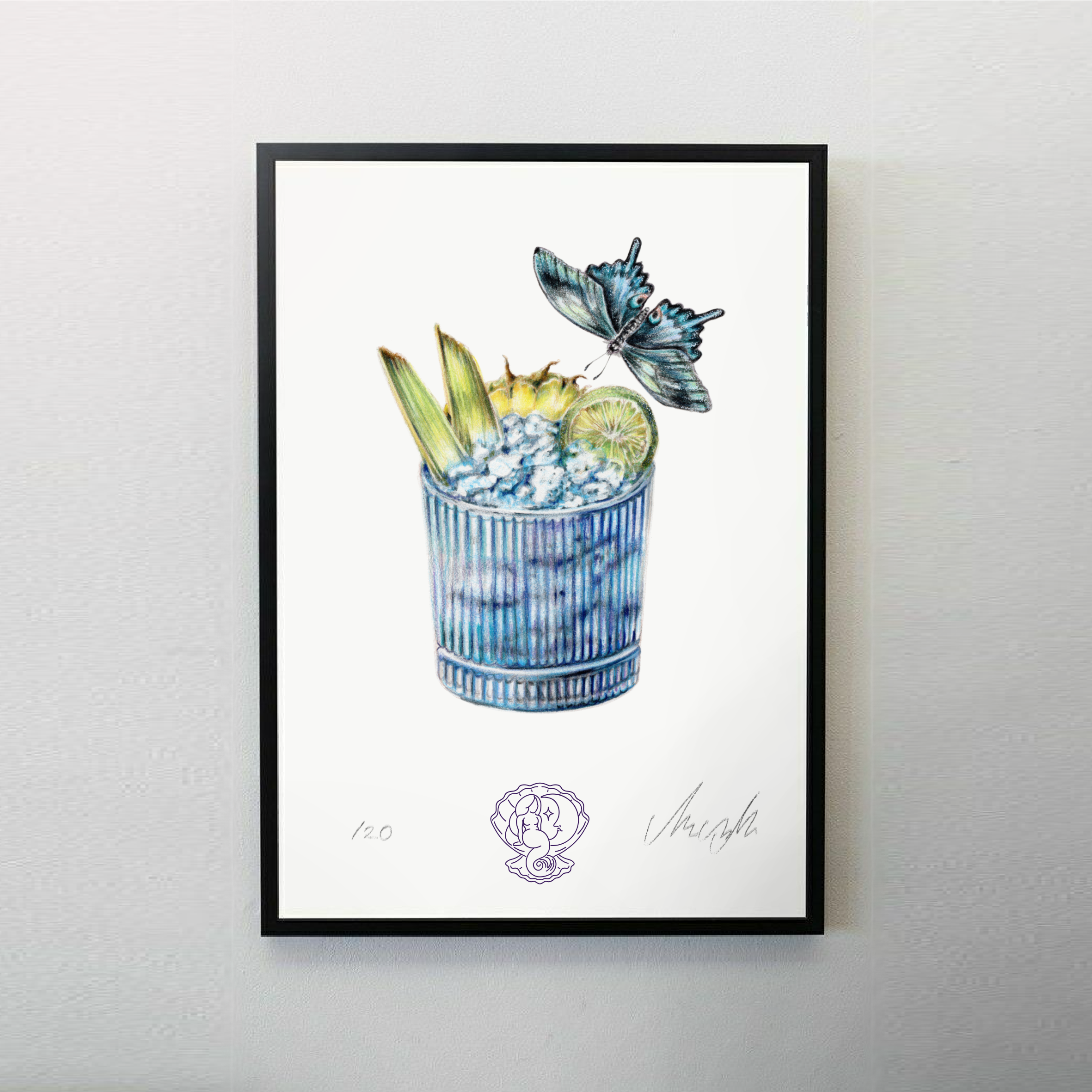 cocktail blue lagoon with butterfly art print