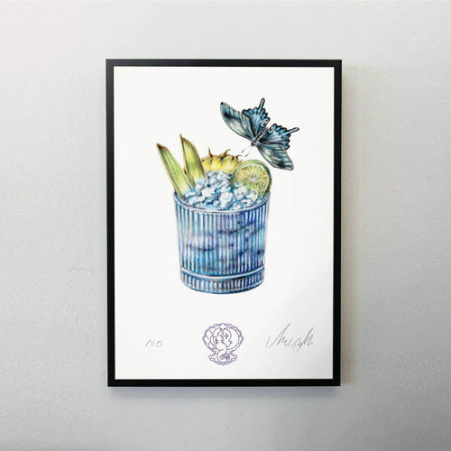 cocktail blue lagoon with butterfly art print