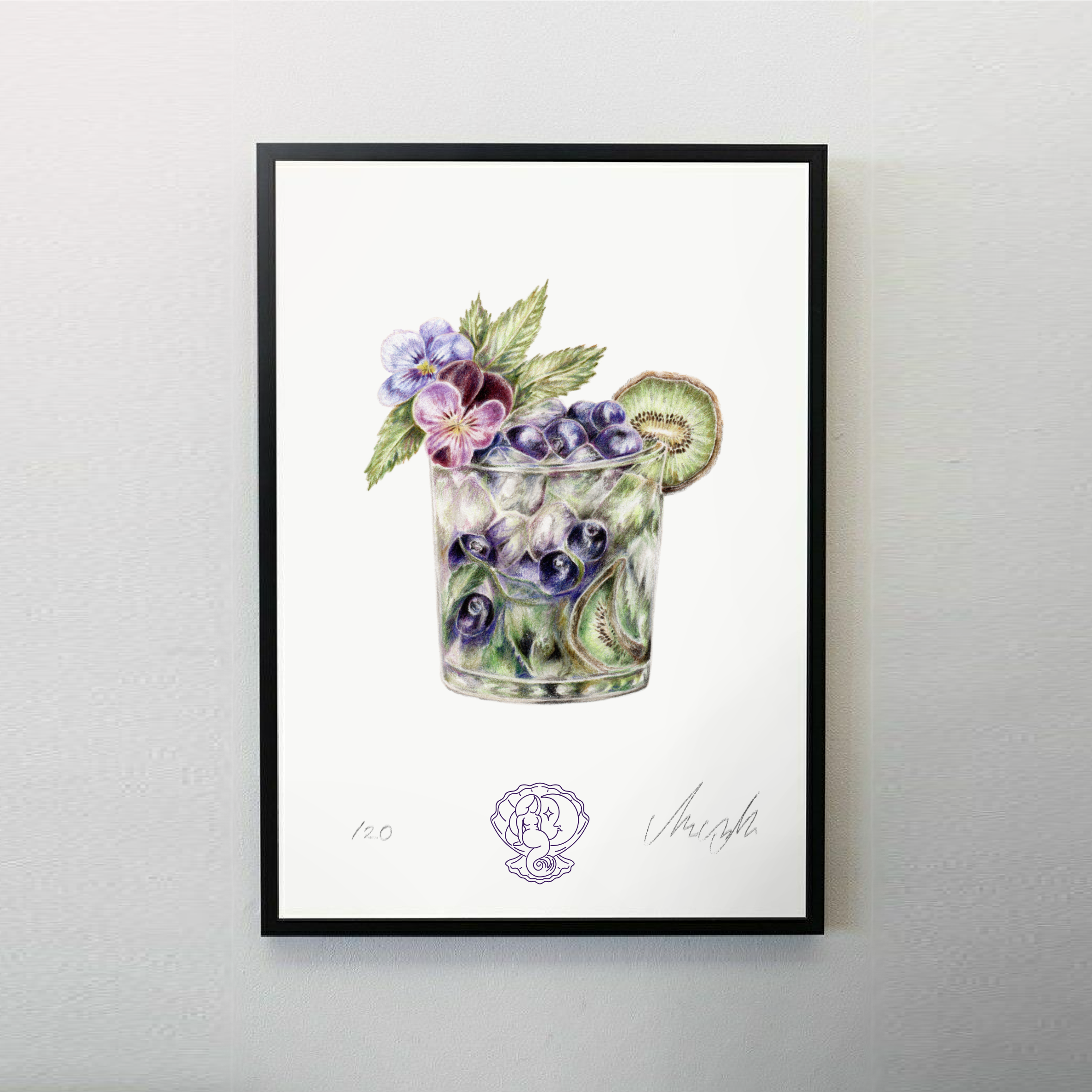 art poster drawing cocktail mojito with viola