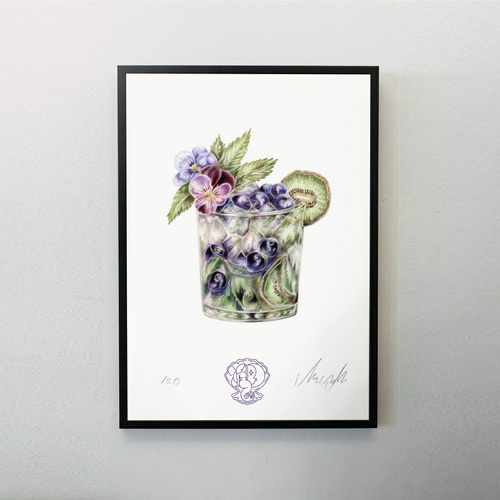 art poster drawing cocktail mojito with viola