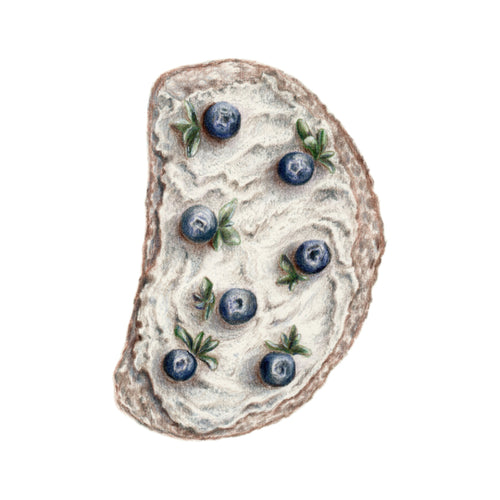 Kézzel rajzolt áfonyás toast gasztro illusztráció, limitált művészeti falikép