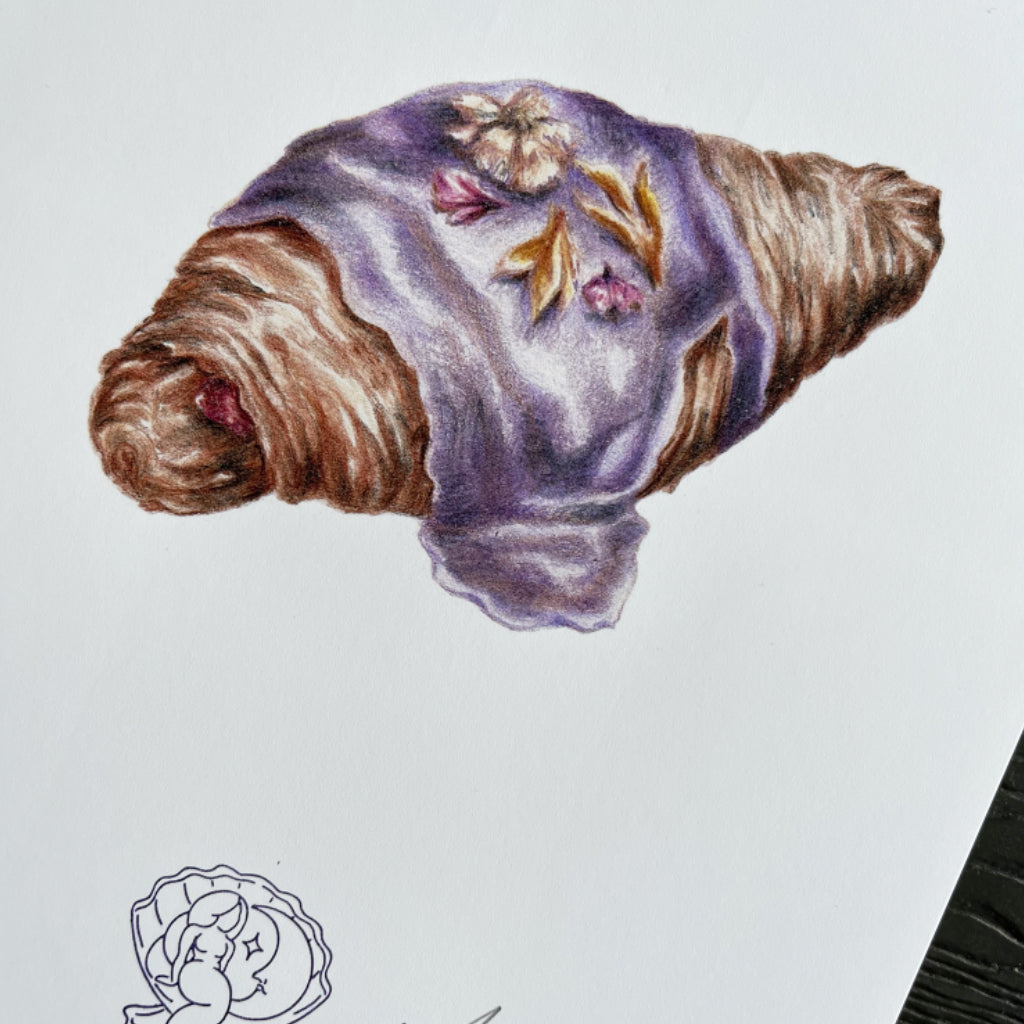 Részletgazdag illusztráció croissant lila levendula art print