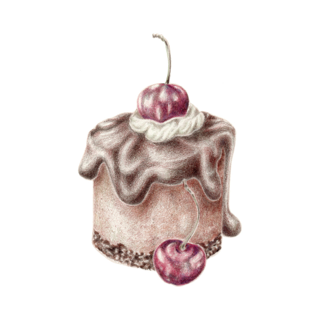 Kézzel rajzolt csokis–meggyes desszert gasztro illusztráció, limitált szériás falikép