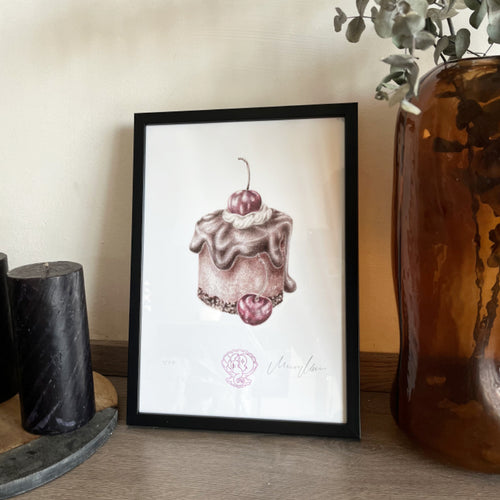 Étcsokoládé és meggy desszert, kézzel rajzolt illusztráció 