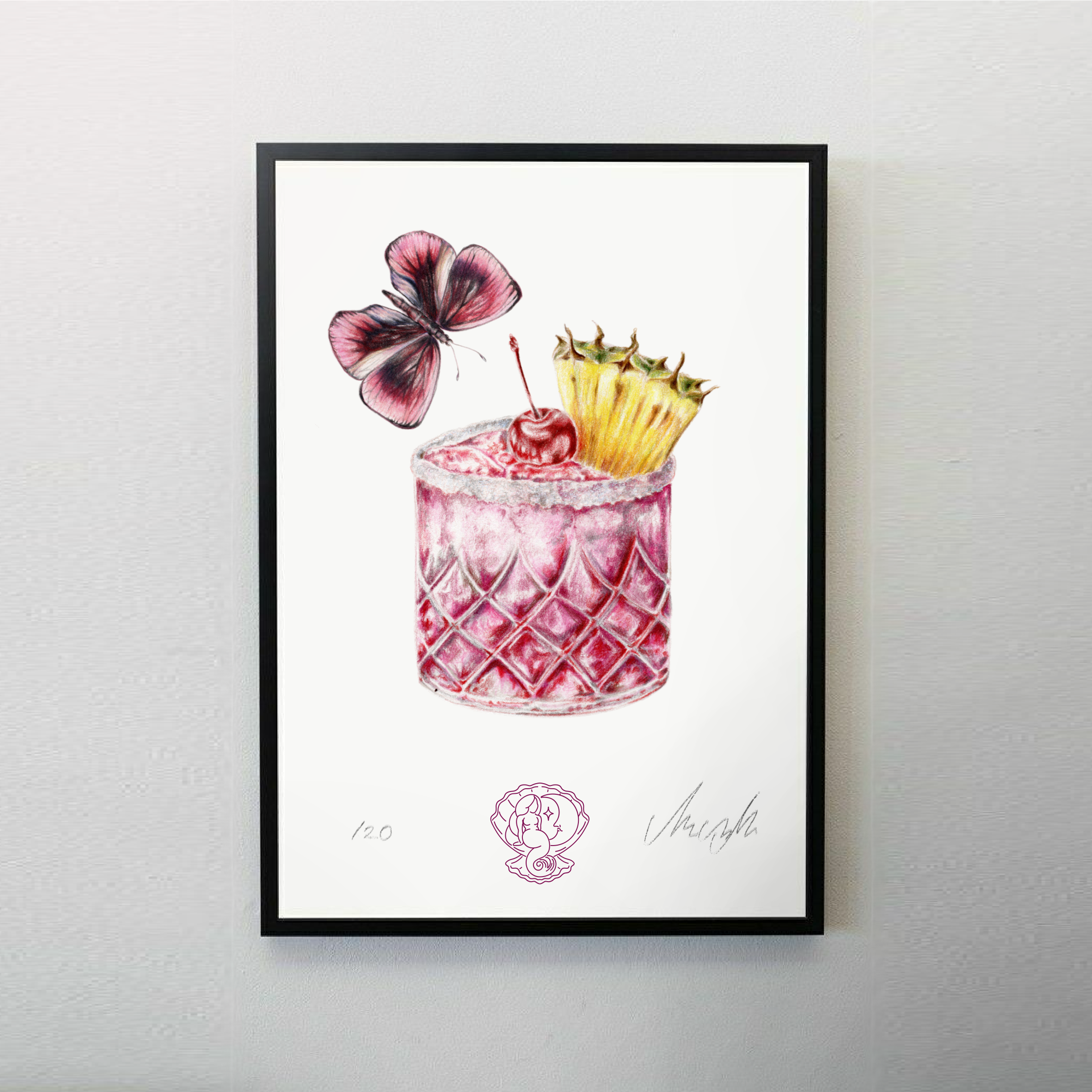 pink cocktail ith butterfly pineapple and cherry