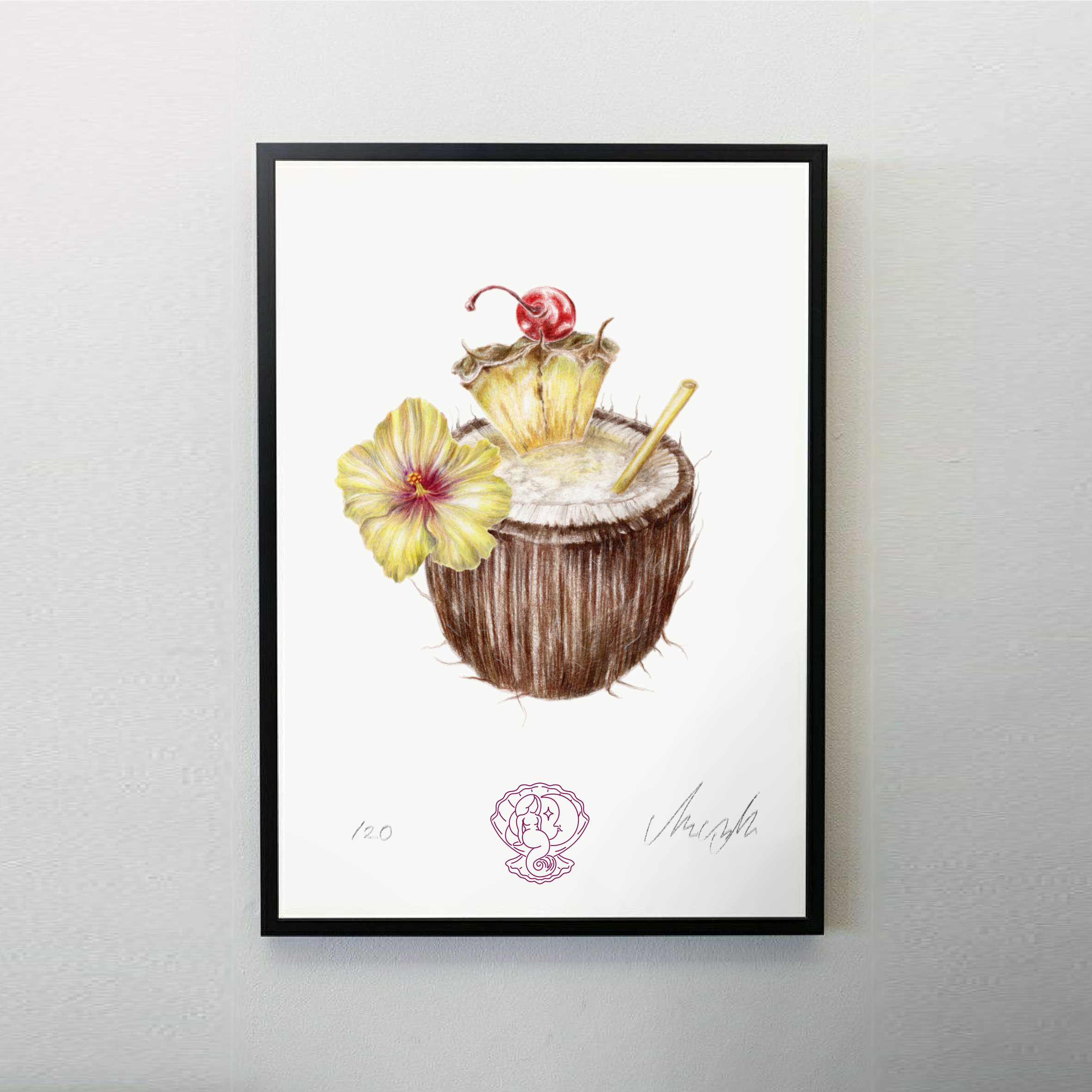 pina colada in coconut shell with flower art print poster