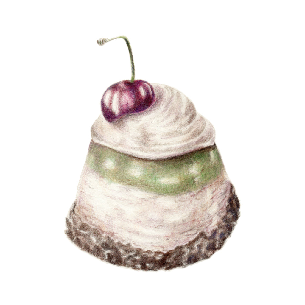 Kézzel rajzolt pisztáciás–cseresznyés desszert illusztráció, limitált falikép