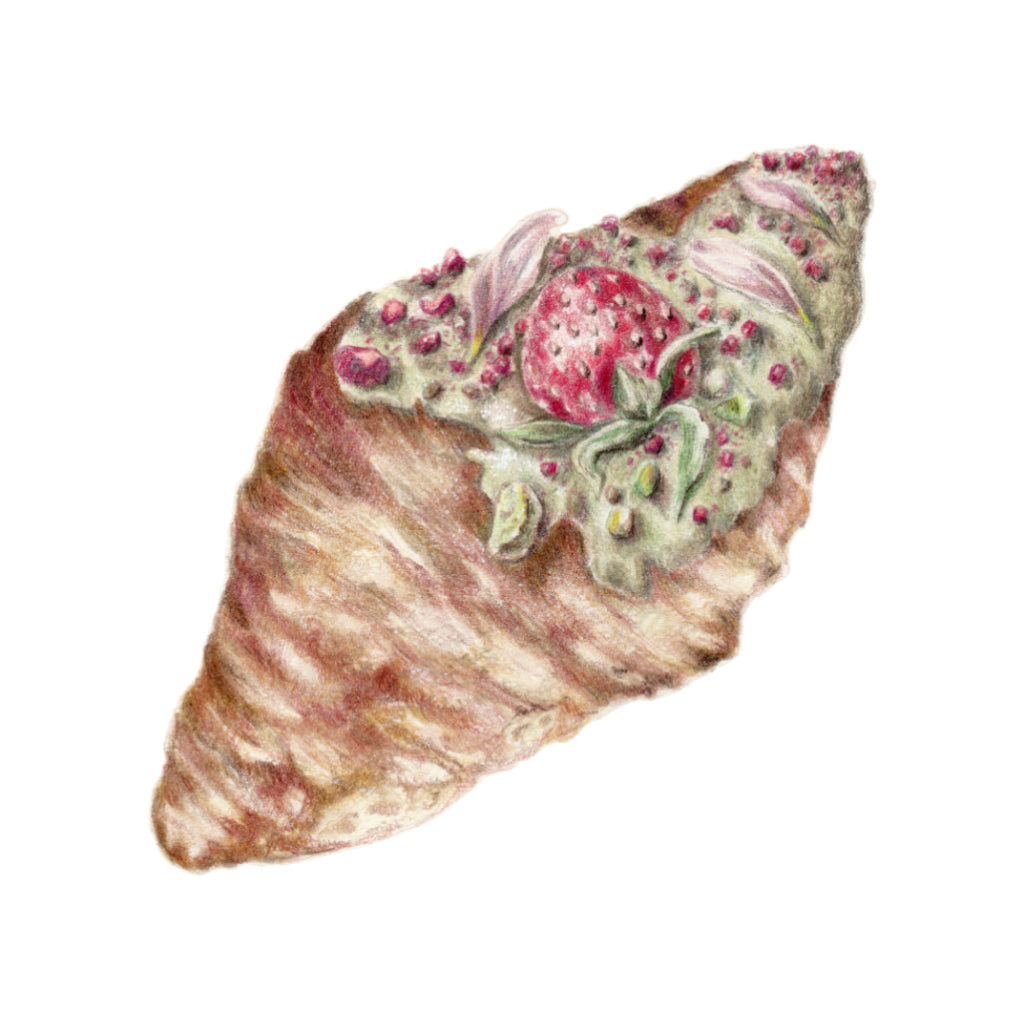 Kézzel rajzolt pisztáciás croissant eperrel, limitált gasztro illusztráció falikép