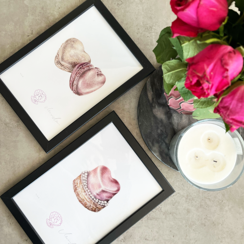 szív formájú desszertek gasztro illusztráció art print keretezett 
